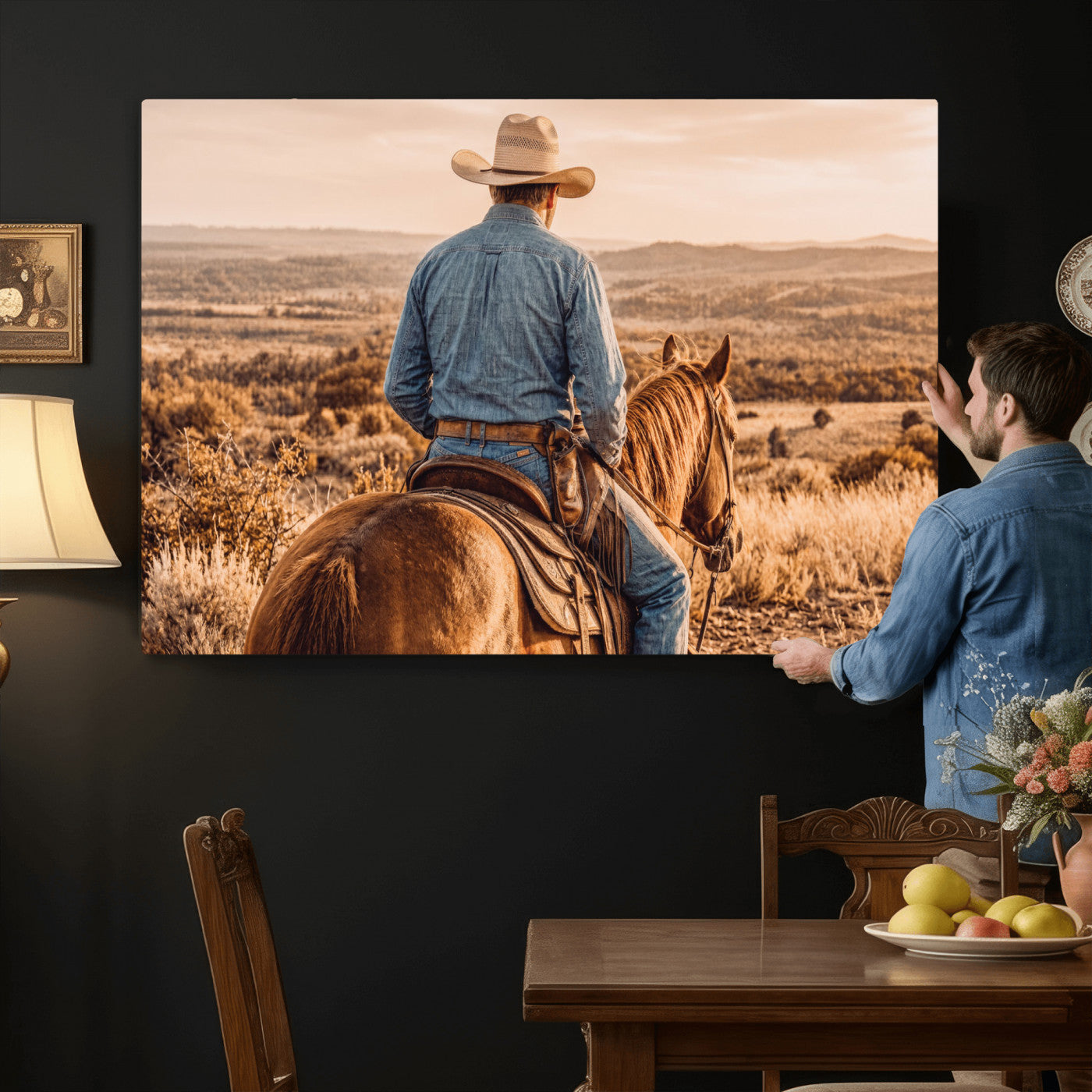 62076449-MGV-CV-36X24 - Texas Cowboy and Horse Print for Western Wall Art Decor for Farmhouse