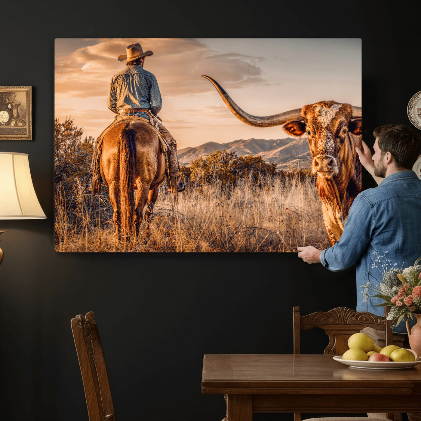 62076449C-MGV-CV-36X24 - Texas Cowboy and Longhorn Bull Print for Western Wall Art Decor for Farmhouse