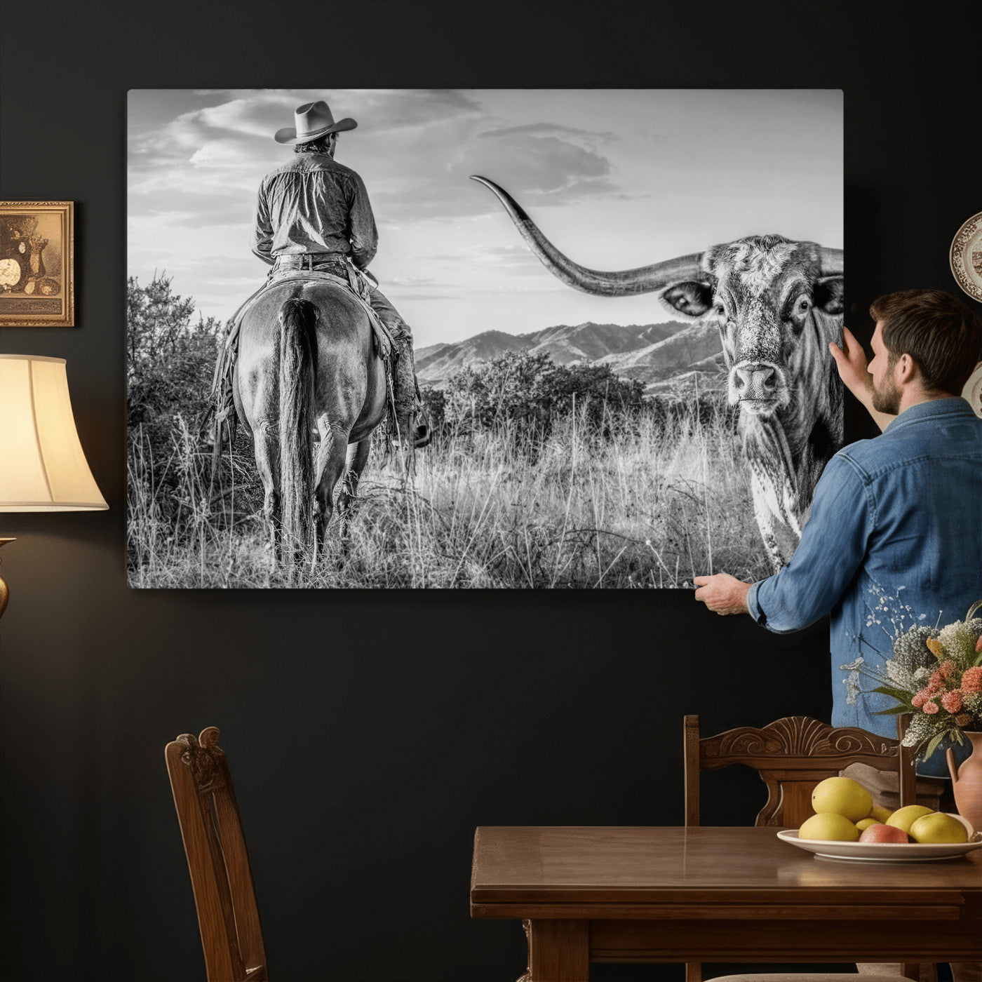 62076449WB-MGV-CV-36X24 - Texas Cowboy and Longhorn Bull Print for Western Wall Art Decor for Farmhouse