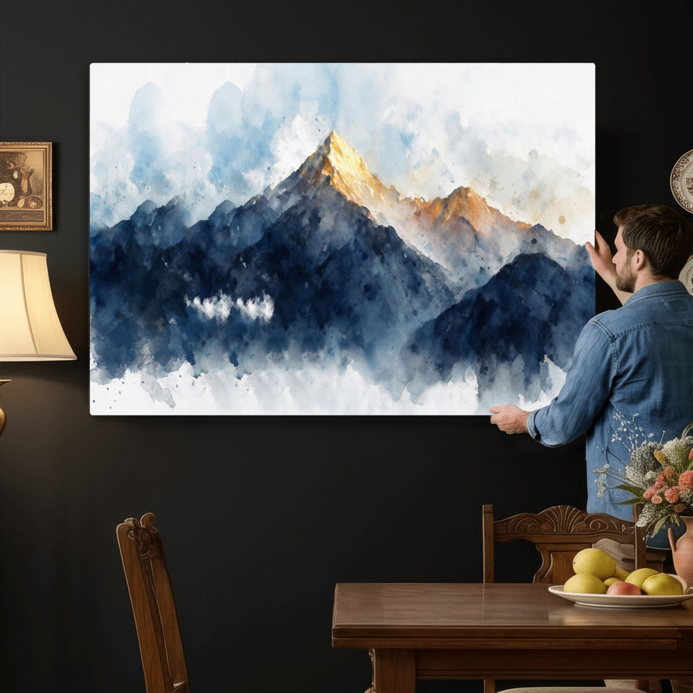 62076449DG1-MGV-CV-36X24 - Abstract Watercolor Mountain Lake Wall Art Print for Living Room Decor