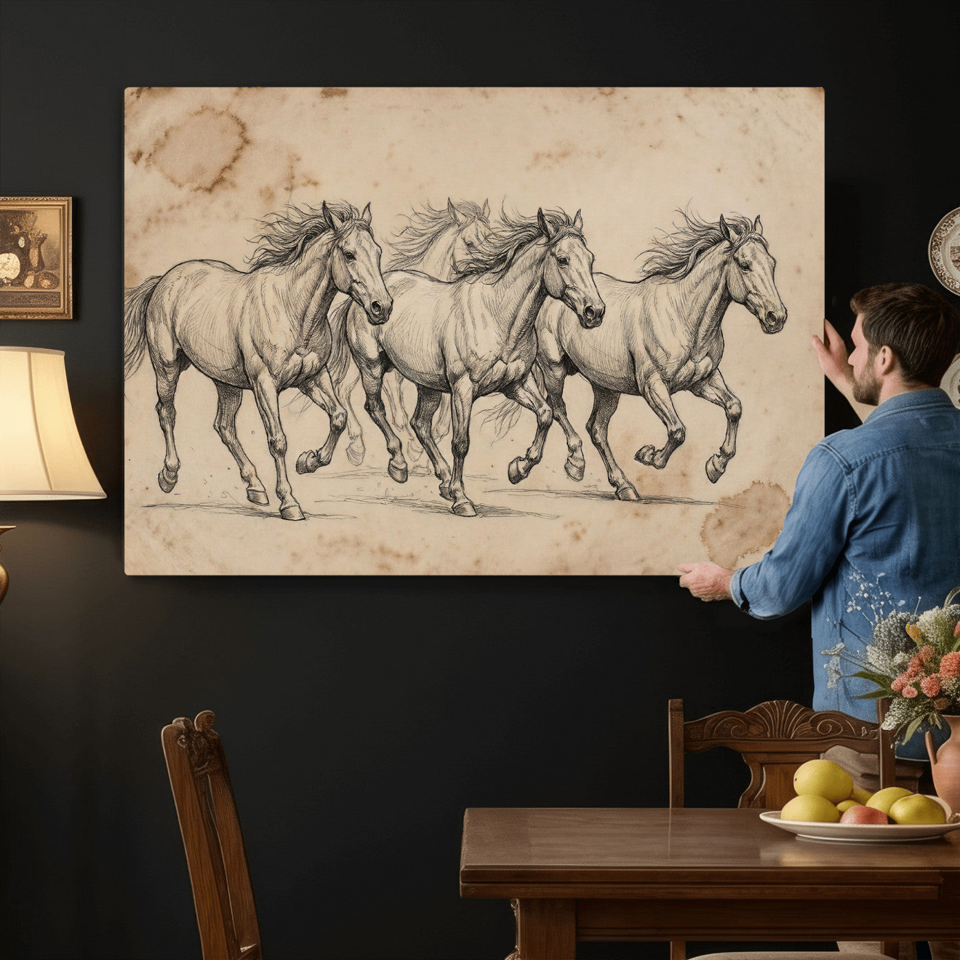 56046981-MGV-CV-36X24 - Sepia Wild Horses Canvas Art, Antique Pencil Drawing Print, Vintage Gallery Wall Decor, Rustic Equestrian Artwork, Traditional Den Gift