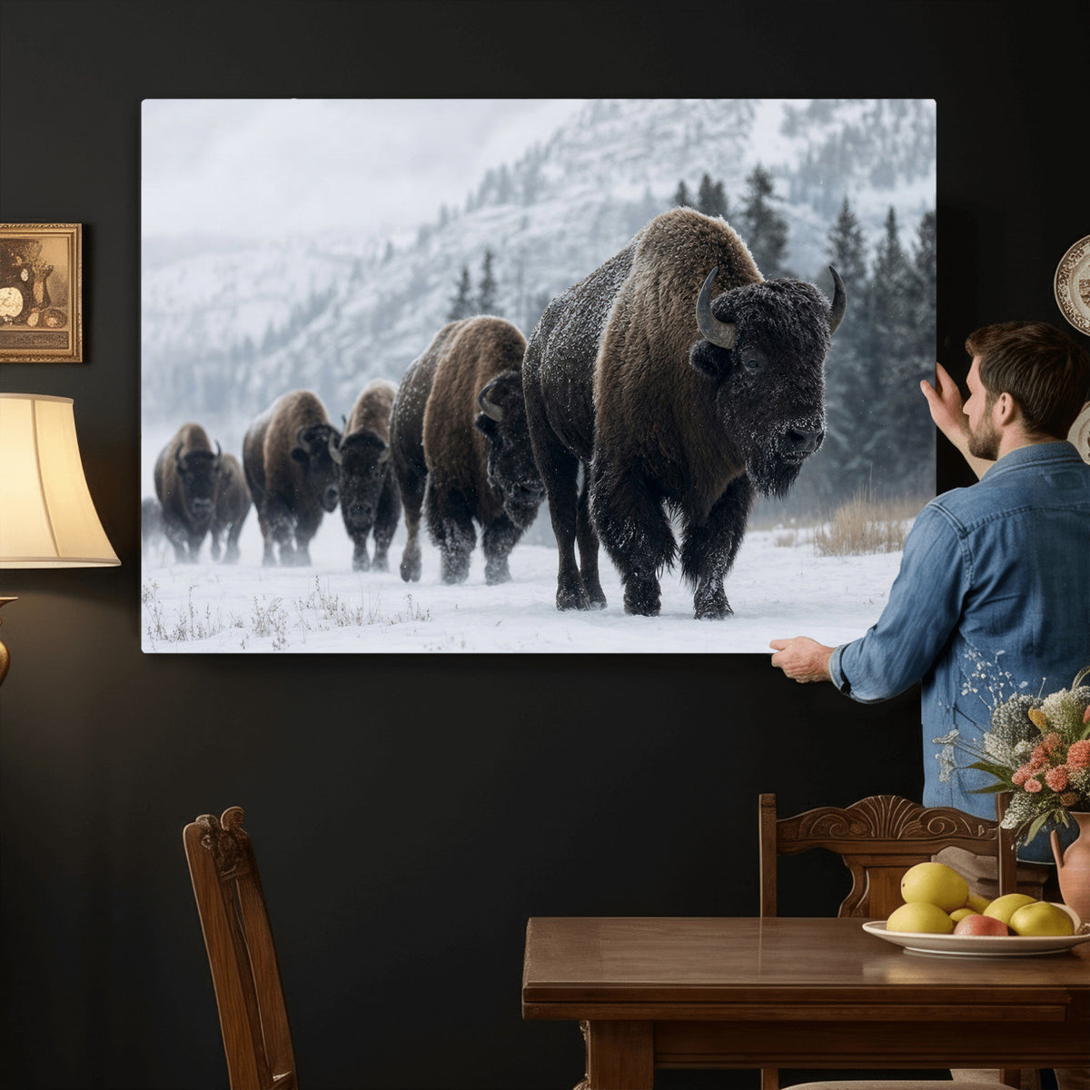 18343289-MGV-CV-36X24 - Rustic Bison Wall Art, American Buffalo Photo Print, Wildlife Canvas Artwork, Snowy Mountain Decor, Large Nature Poster, Cabin Gift Idea