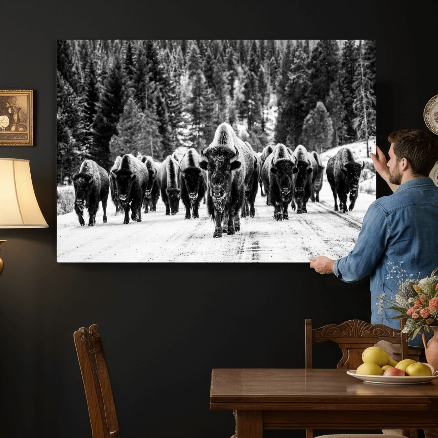 79337077-MGV-CV-36X24 - Black and White Bison Canvas Art, American Buffalo Print, Winter Wildlife Photography, Rustic Forest Wall Decor, Large Statement Nature Gift