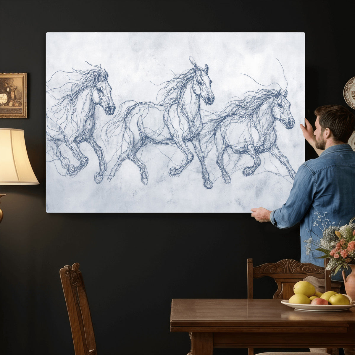 41163601-MGV-CV-36X24 - Indigo Blue Horse Line Art Canvas, Steel Grey Wild Horses Print, Abstract Navy Scribble Artwork, Modern Slate Equine Wall Decor, Coastal Ranch Gift
