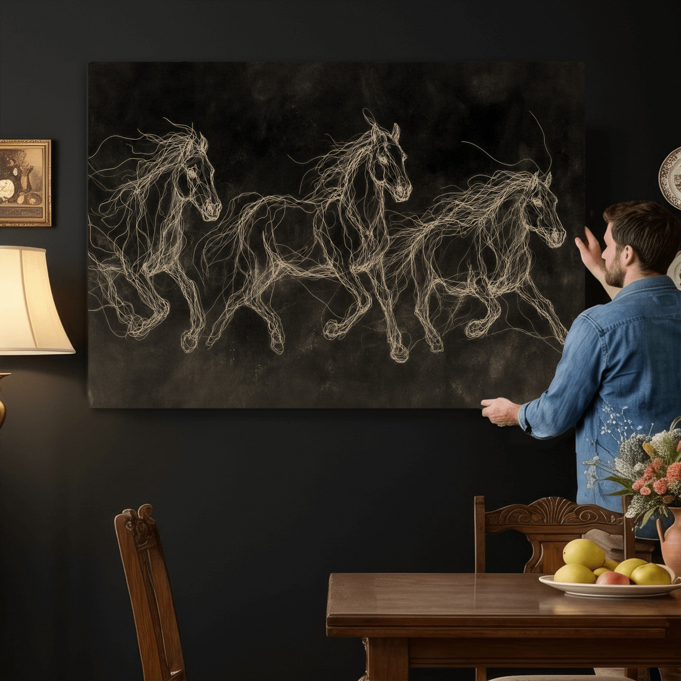 15344242-MGV-CV-36X24 - Dark Horse Line Art Canvas, Gold Scribble Wild Horses Print, Black Chalkboard Wall Art, Modern Luxury Equine Decor, Masculine Office Gift