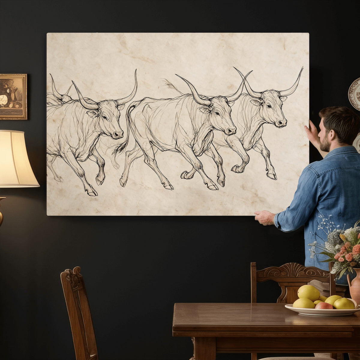 87177621-MGV-CV-36X24 - Minimalist Longhorn Line Art, Modern Texas Bull Canvas Print, Abstract Western Wall Decor, Continuous Line Artwork, Black White Ranch Gift