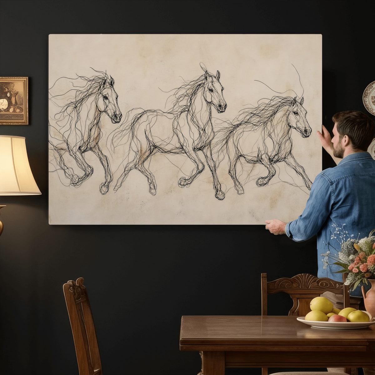 81051673-MGV-CV-36X24 - Abstract Horse Line Art Canvas, Gesture Sketch Wild Horses Print, Modern Scribble Artwork, Minimalist Equine Wall Decor, Rustic Studio Gift