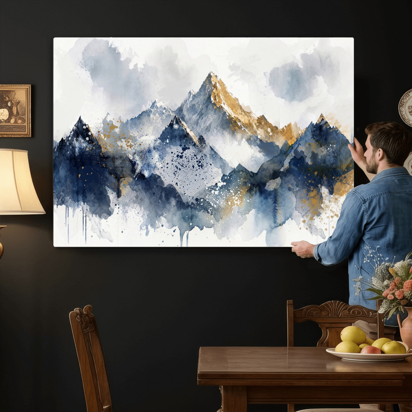87460616-MGV-CV-36X24 - Abstract Mountain Canvas Wall Art, Blue Gold Foil Landscape Print, Modern Indigo Watercolor Poster, Large Abstract Nature, Luxury Office Gift