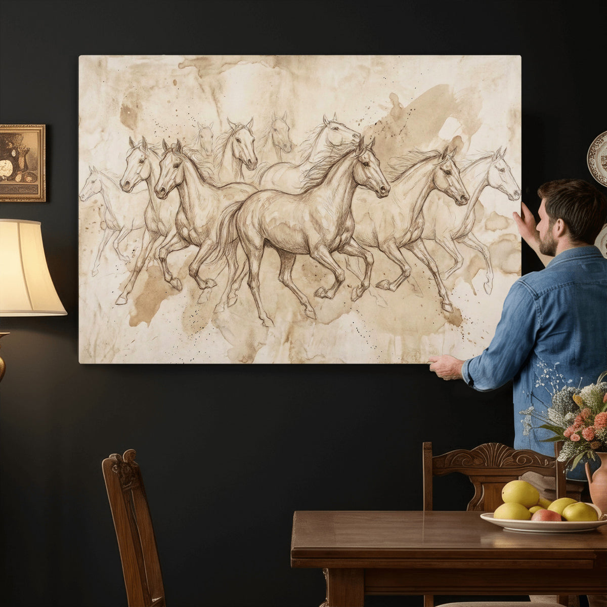 52233469-MGV-CV-36X24 - Vintage Horse Sketch Canvas Wall Art, Wild Horses Pencil Drawing Print, Antique Parchment Western Decor, Equine Sketching, Country Manor Gift