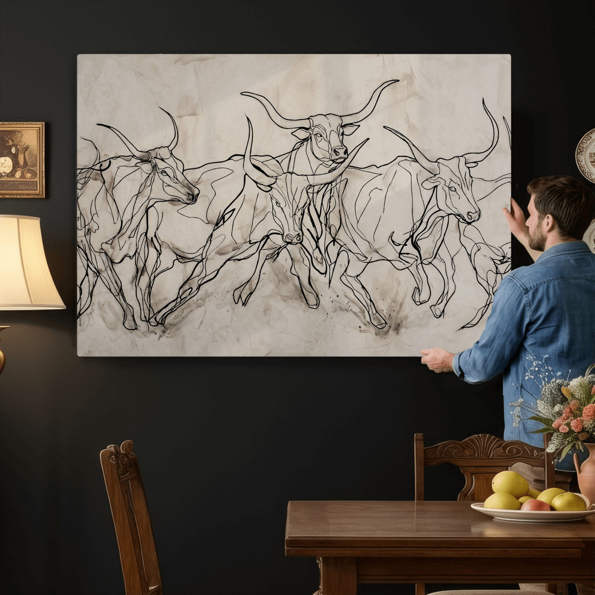 16671245-MGV-CV-36X24 - Minimalist Longhorn Line Art, Modern Texas Bull Canvas Print, Abstract Western Wall Decor