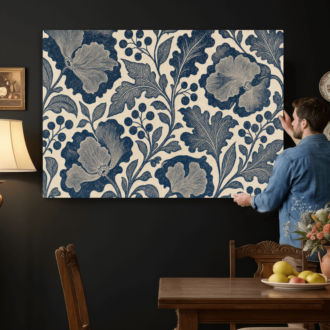 23824002-MGV-CV-36X24 - William Morris Style Navy Blue Floral Wall Art Canvas Print, Vintage Cream Botanical Painting Print