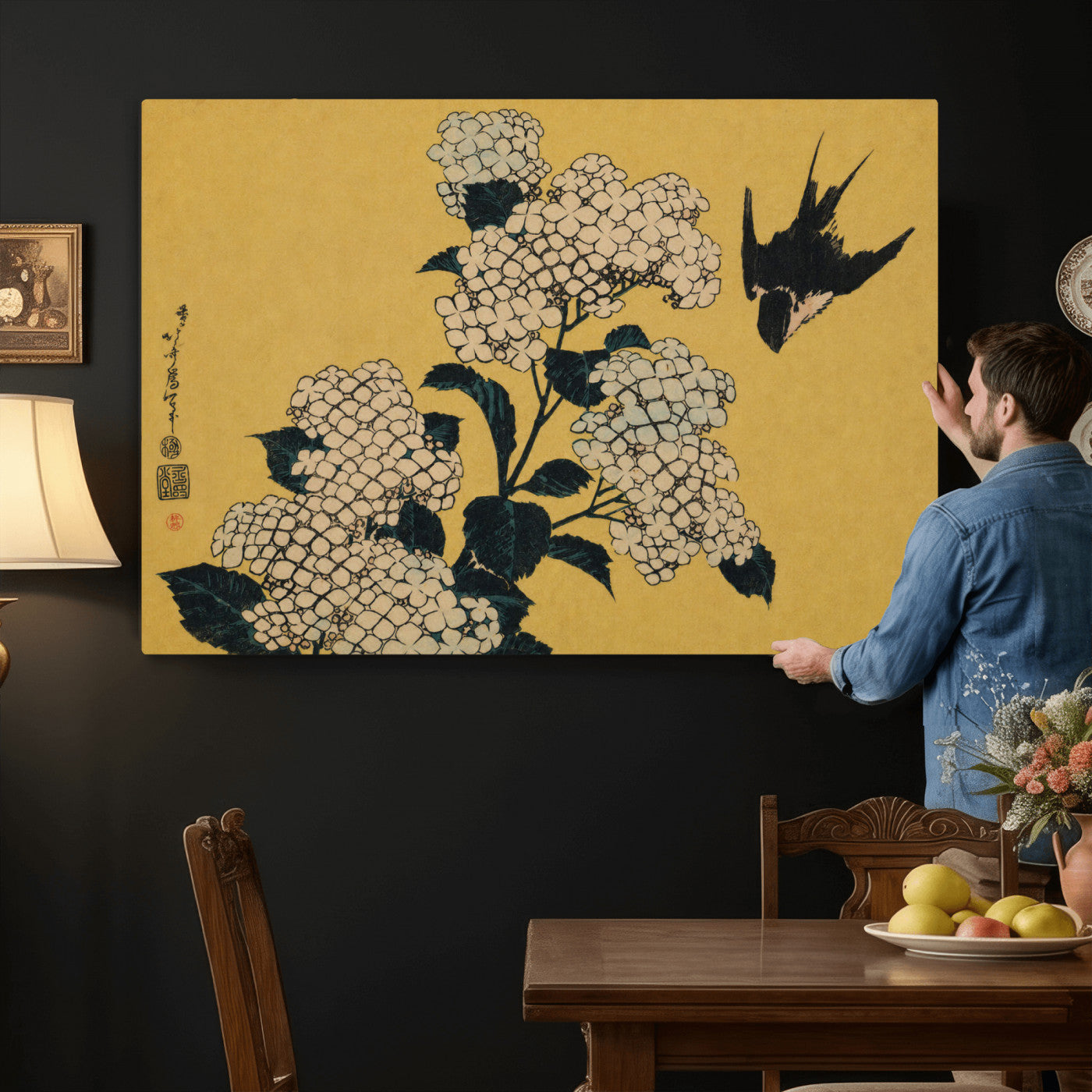 92483501-MGV-CV-36X24 - Katsushika Hokusai Hydrangea and Swallow Wall Art Canvas Print, Japanese Woodblock Painting Print