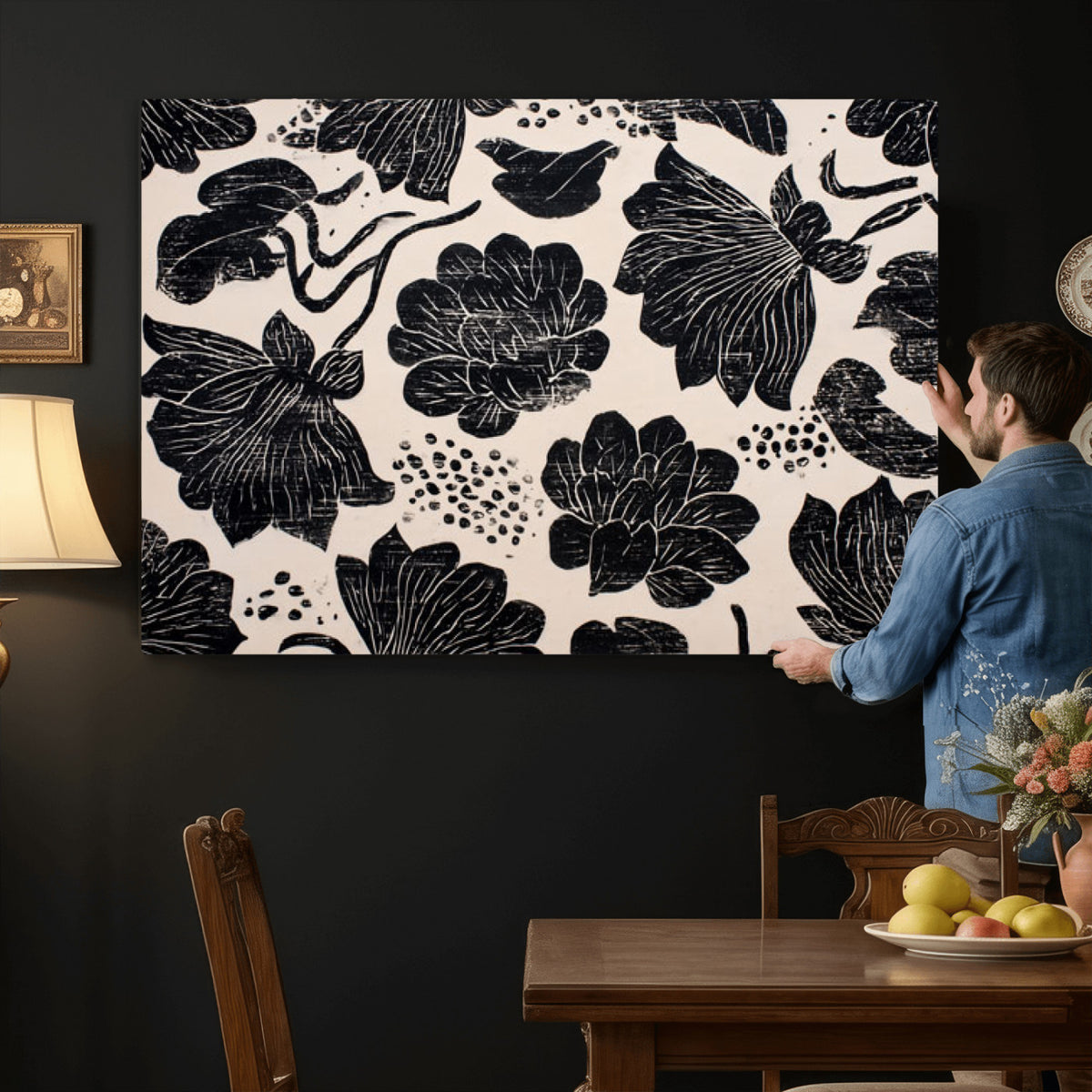81787117-MGV-CV-36X24 - Linocut Black Lotus Floral Wall Art Canvas Print, Vintage Monochrome Botanical Painting Print