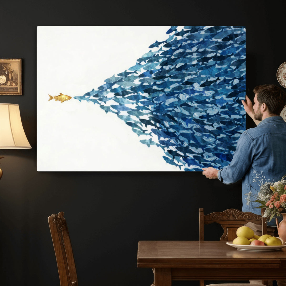 79089639-MGV-CV-36X24 - Abstract Blue Fish School Canvas Wall Art, Gold Foil Accent Marine Print