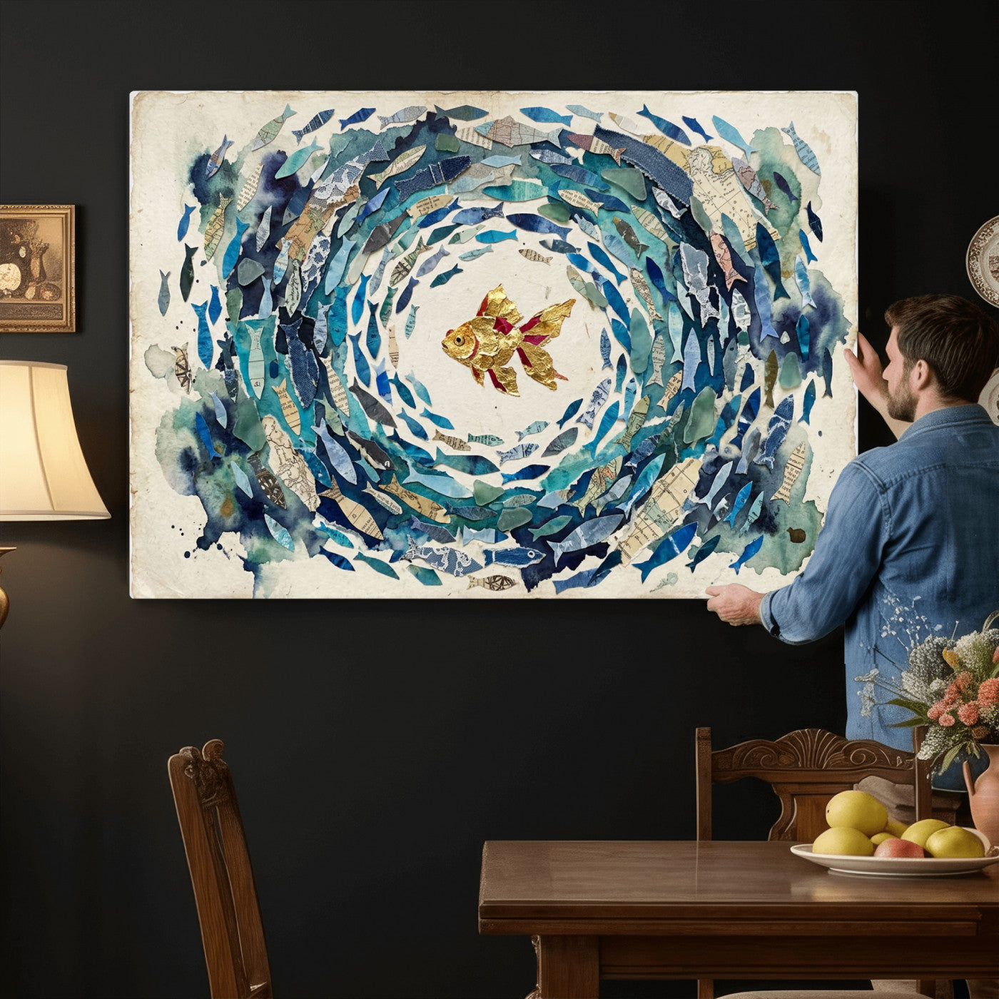 73165663-MGV-CV-36X24 - Mixed Media Blue Fish Swirl Canvas Wall Art, Goldfish Collage Ocean Print