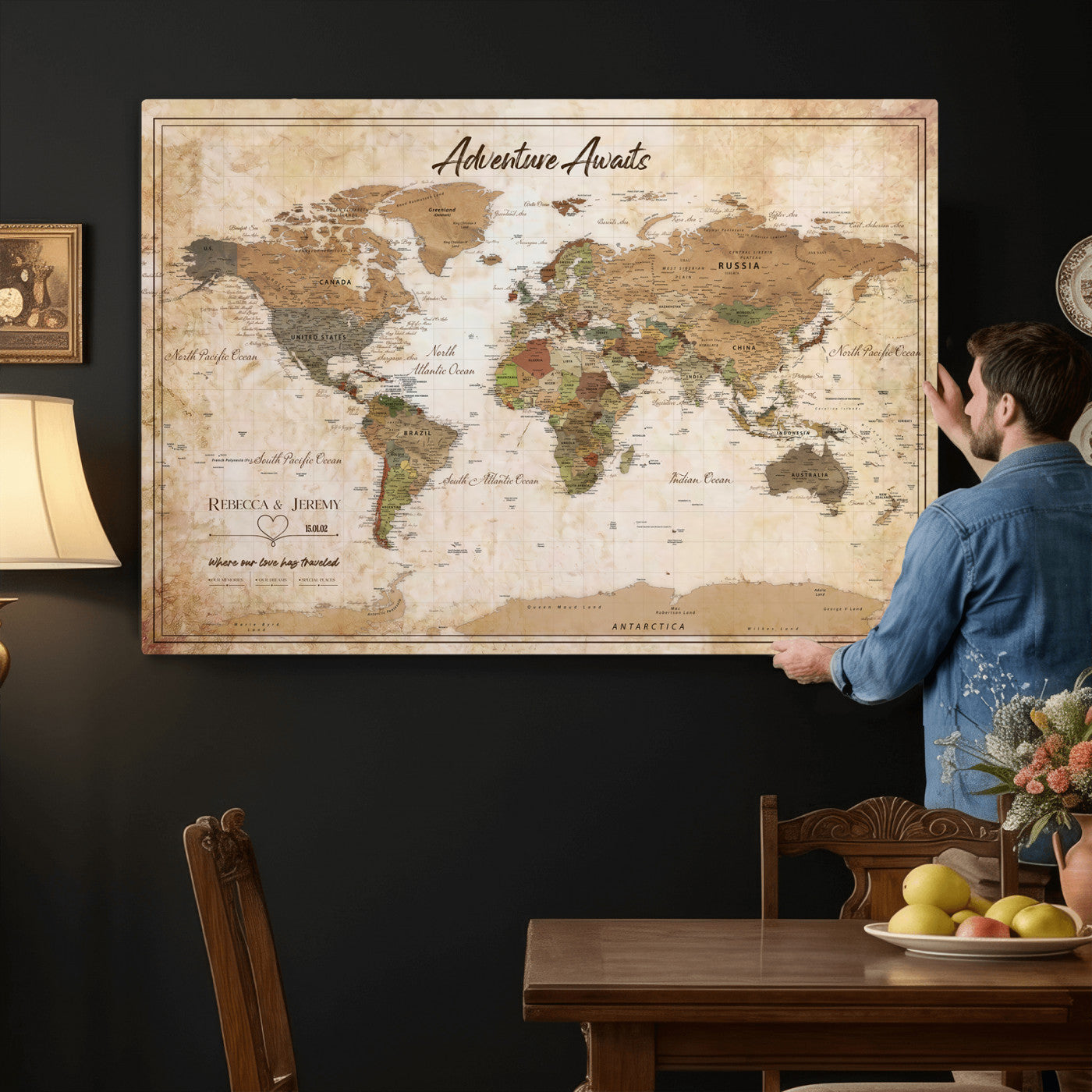 1954256765-MGV-CV-36X24 - Custom Push Pin World Map Canvas PRINT | Personalized Travel Tracker | Wedding Anniversary Gift
