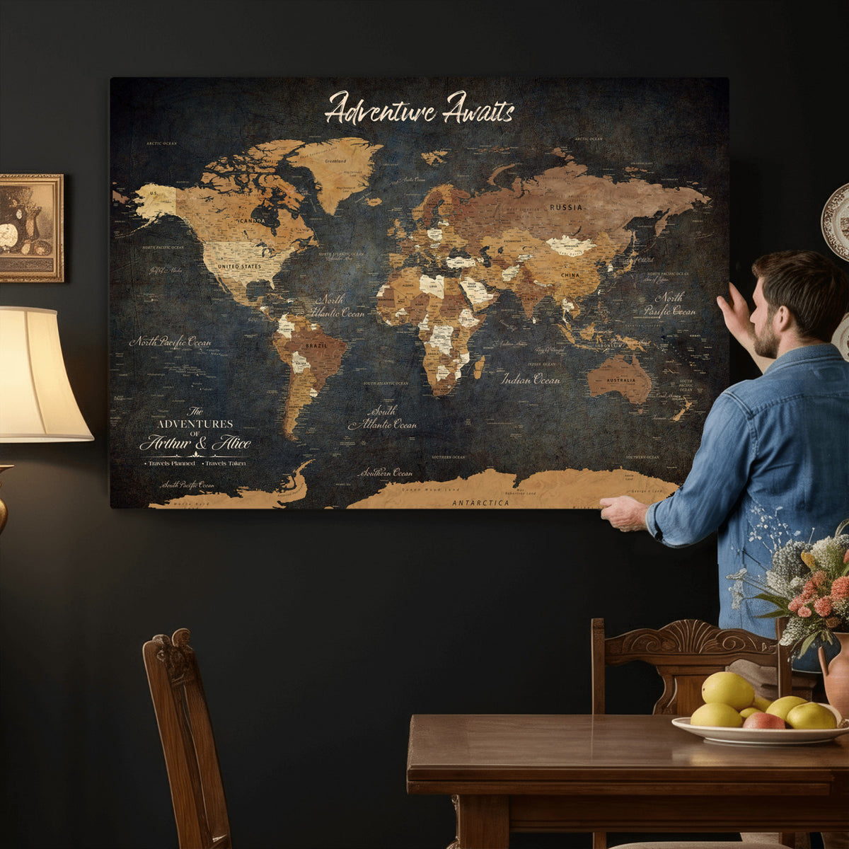 195425676576-MGV-CV-36X24 - Custom Push Pin World Map Canvas PRINT | Personalized Travel Tracker | Wedding Anniversary Gift