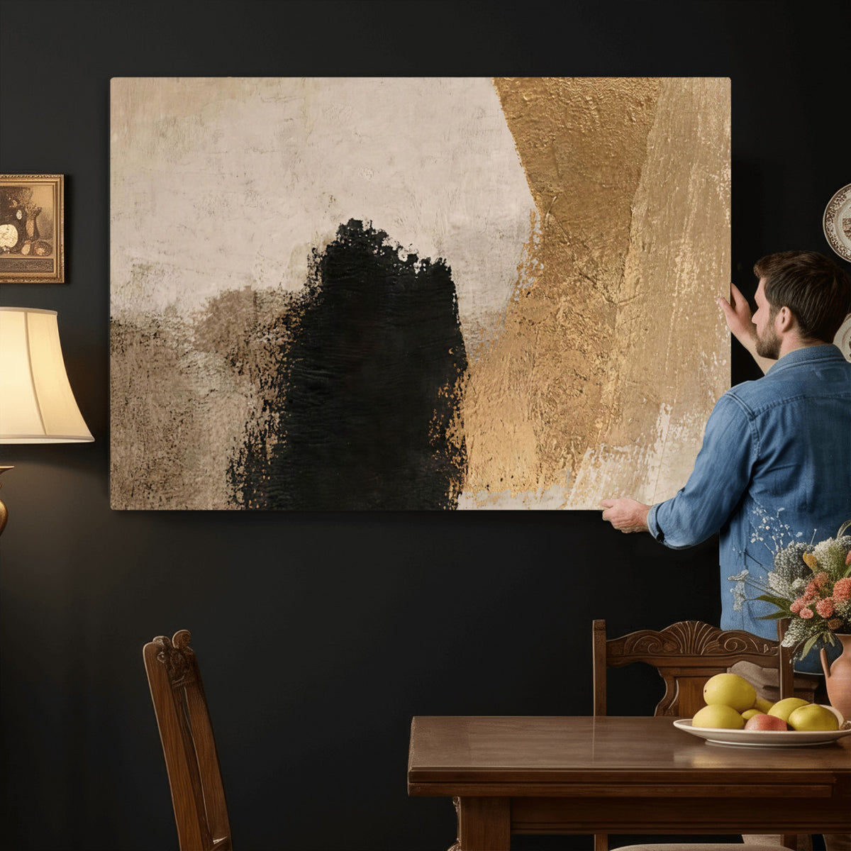 57715470-MGV-CV-36X24 - Modern Black Gold Abstract Canvas Wall Art Print, Luxury Fine Art Picture Print