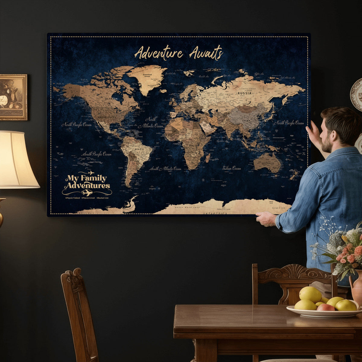 82827666-MGV-CV-36X24 - Our Family Adventures Push Pin World Map Wall Art Canvas Print - Family Travel Tracker Map with Pins