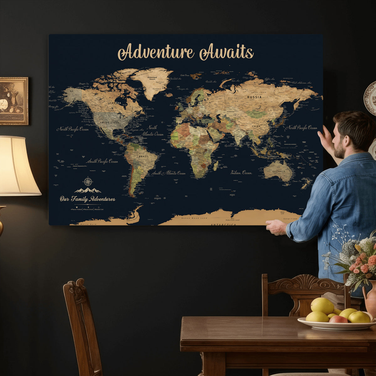 88994085-MGV-CV-36X24 - Our Family Adventures Push Pin World Map Wall Art Canvas Print - Family Travel Tracker Map with Pins