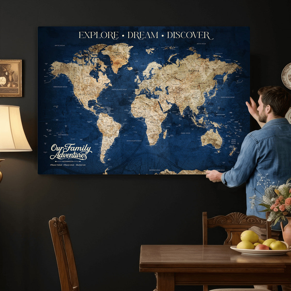 96125512-MGV-CV-36X24 - Our Family Adventures Push Pin World Map Wall Art Canvas Print - Family Travel Tracker Map with Pins