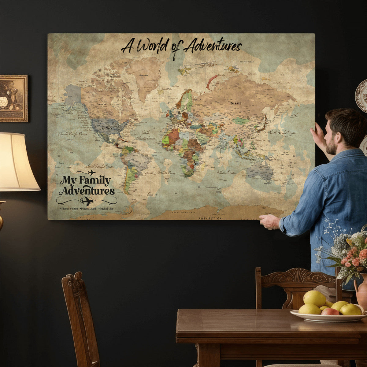 57377793-MGV-CV-36X24 - Our Family Adventures Push Pin World Map Wall Art Canvas Print - Family Travel Tracker Map with Pins