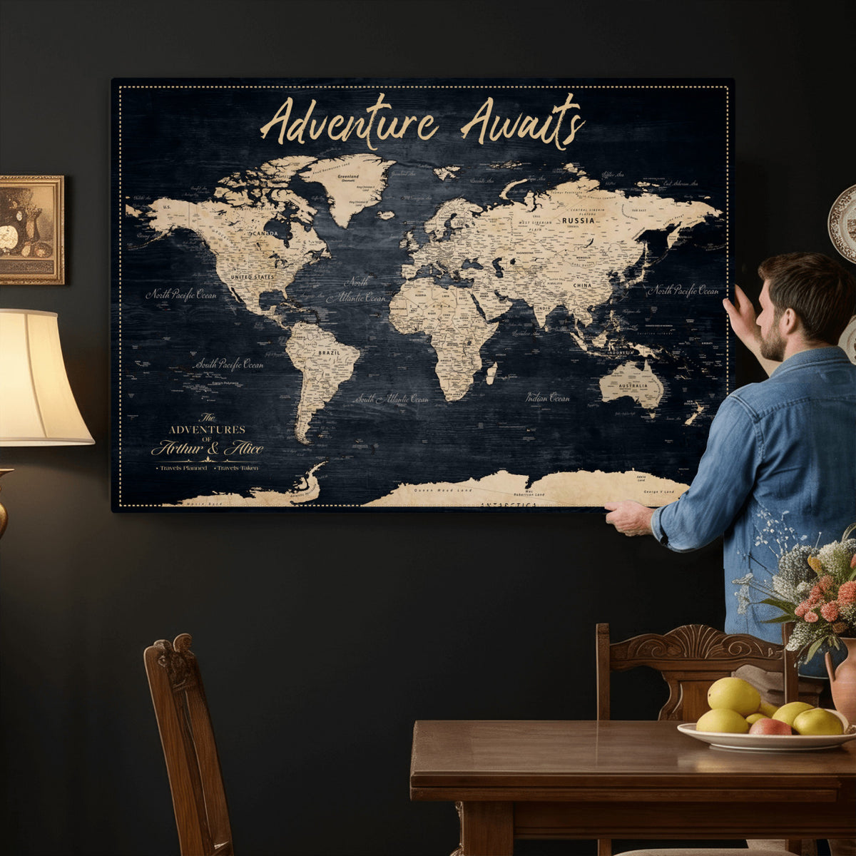 688173822-MGV-CV-36X24 - Extra Large Vintage Personalized Push Pin World Map Wall Art Canvas Print