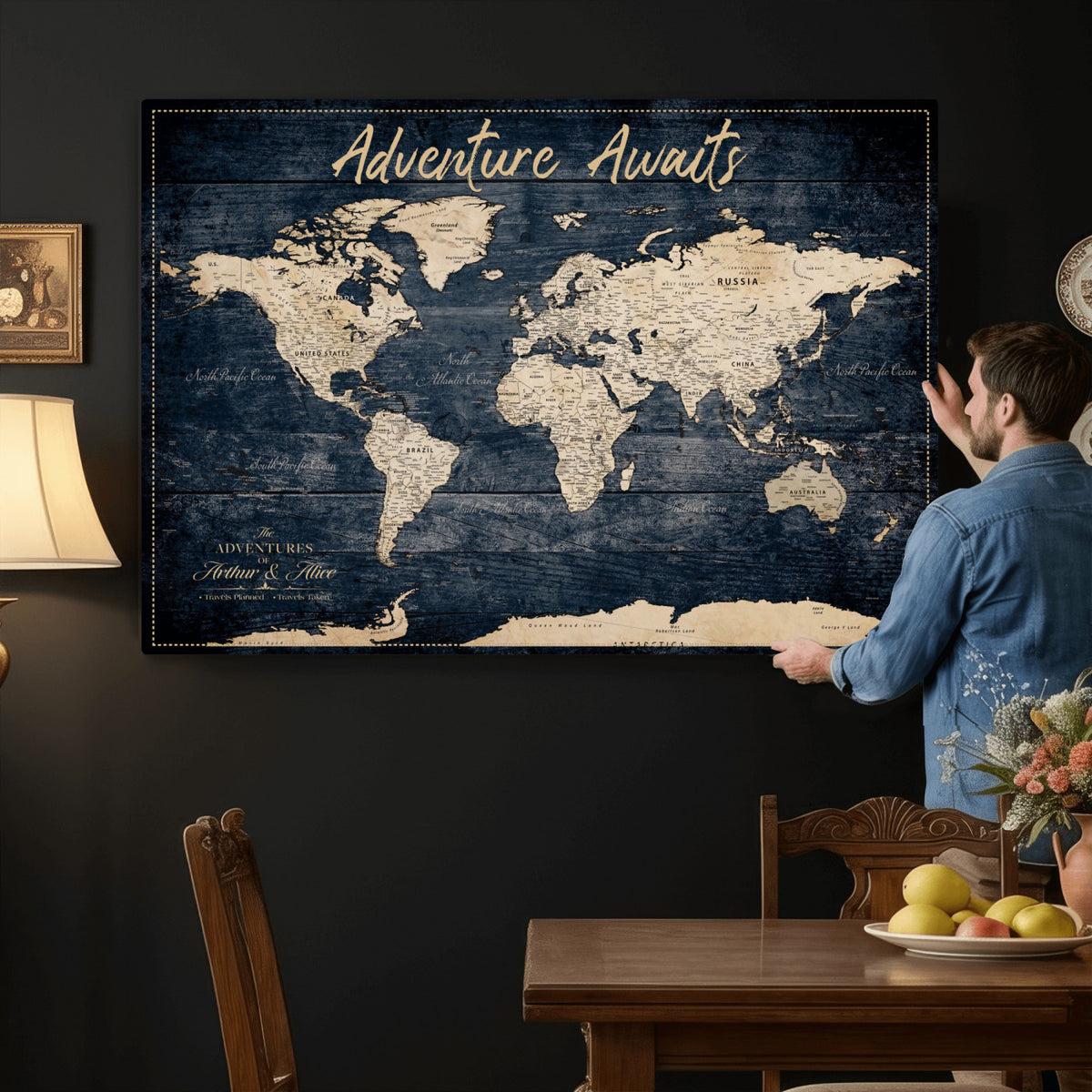 68817382-MGV-CV-36X24 - Extra Large Vintage Personalized Push Pin World Map Wall Art Canvas Print