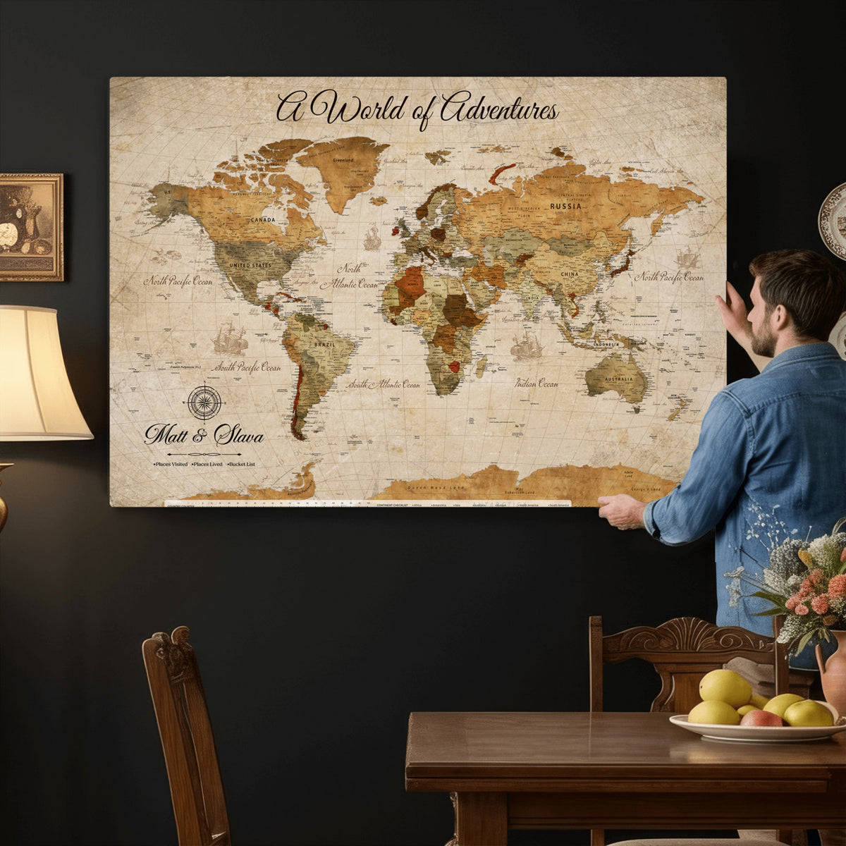 88768647-MGV-CV-36X24 - Extra Large Framed Personalize Push Pin World Map Wall Art Canvas Print for Travel Tracking