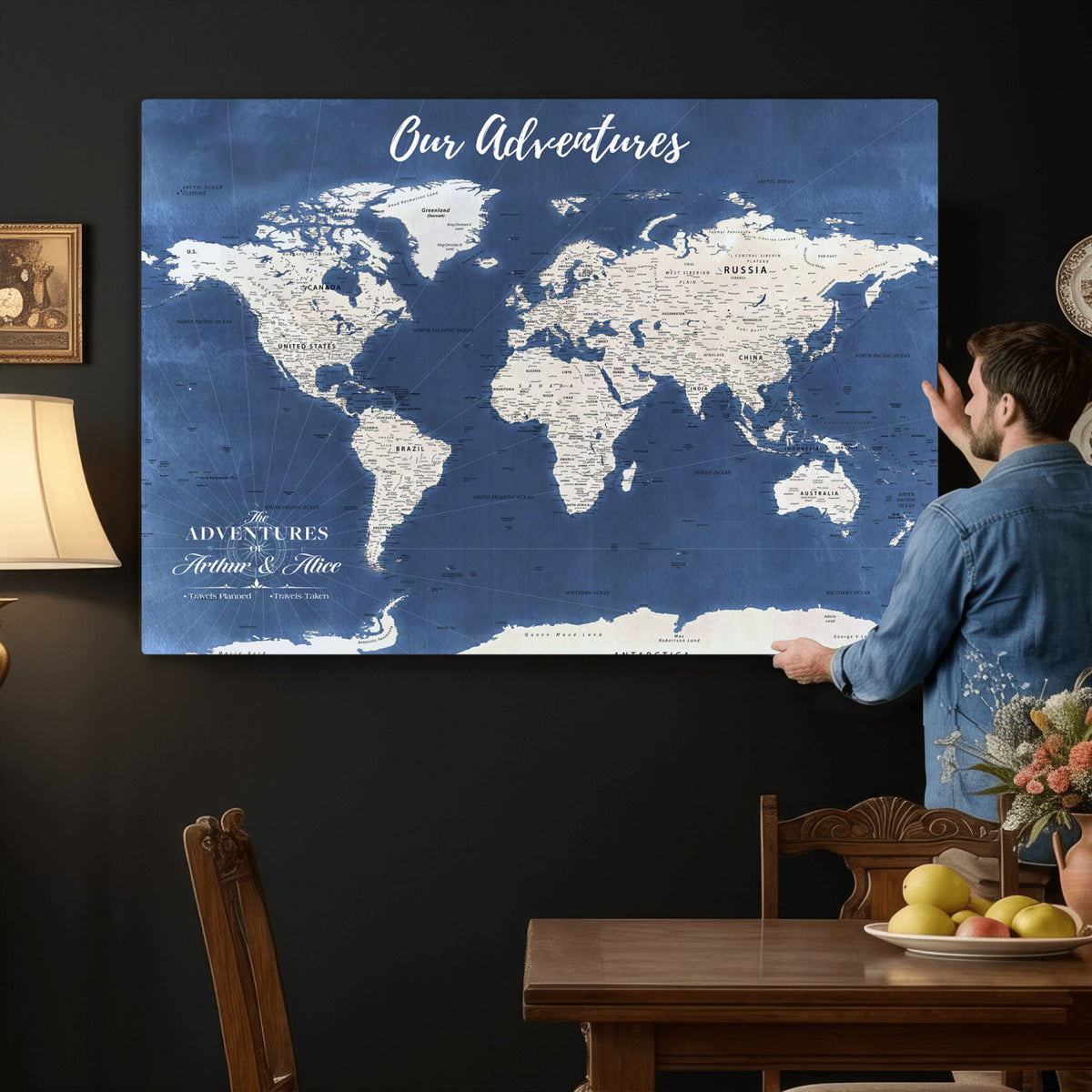75405527-MGV-CV-36X24 - Extra Large Framed Personalize Push Pin World Map Wall Art Canvas Print for Travel Tracking
