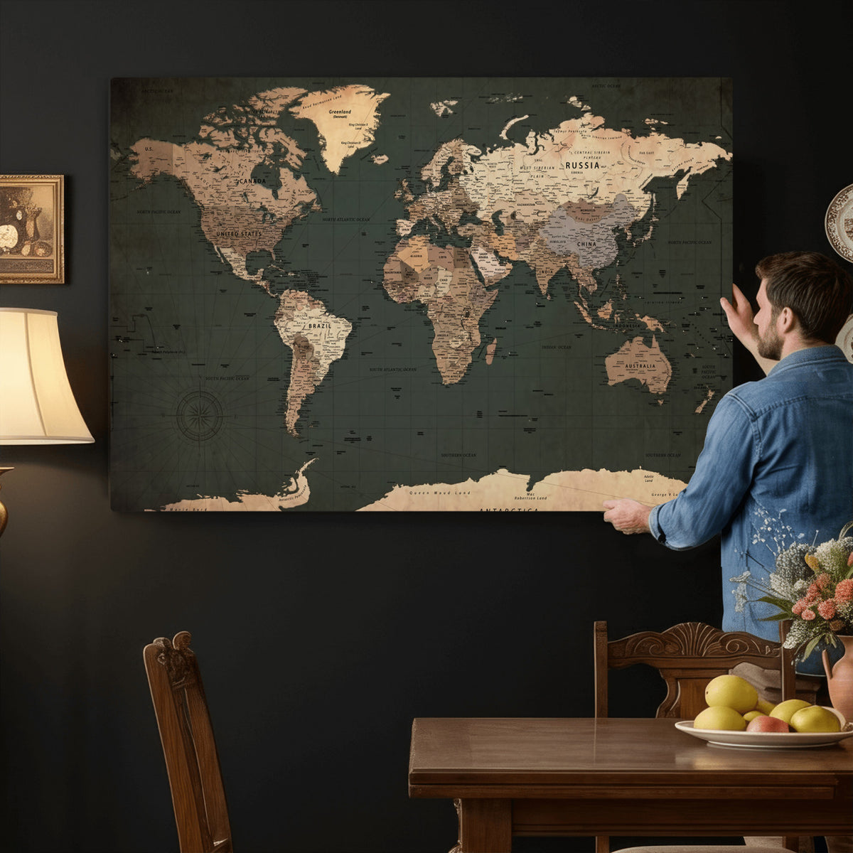 42327656-MGV-CV-36X24 - Extra Large Framed Personalize Push Pin World Map Wall Art Canvas Print for Travel Tracking
