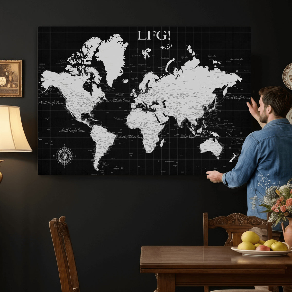 68209291-MGV-CV-36X24 - Extra Large Framed Personalize Push Pin World Map Wall Art Canvas Print for Travel Tracking