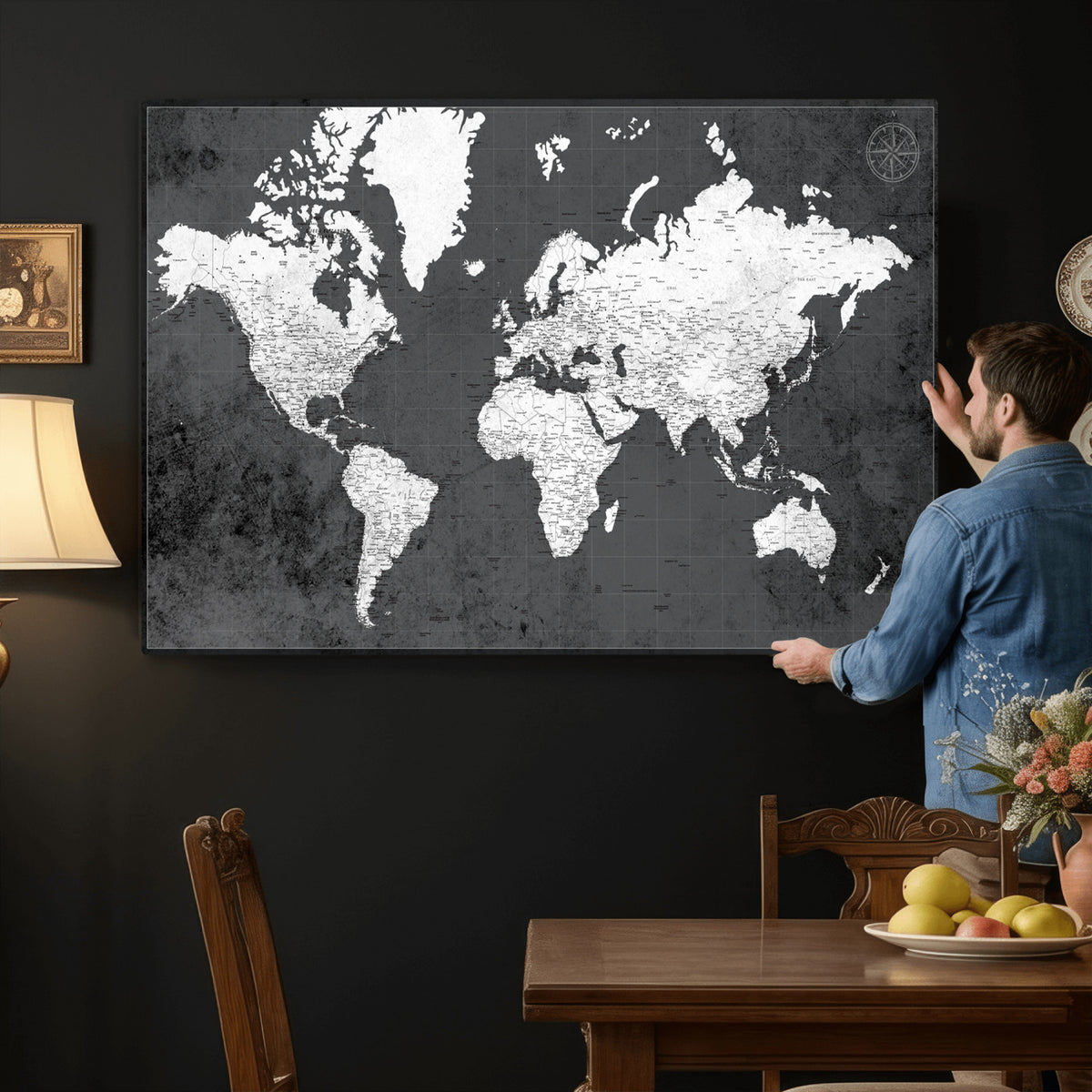 78574966-MGV-CV-36X24 - Extra Large Framed Personalize Push Pin World Map Wall Art Canvas Print for Travel Tracking