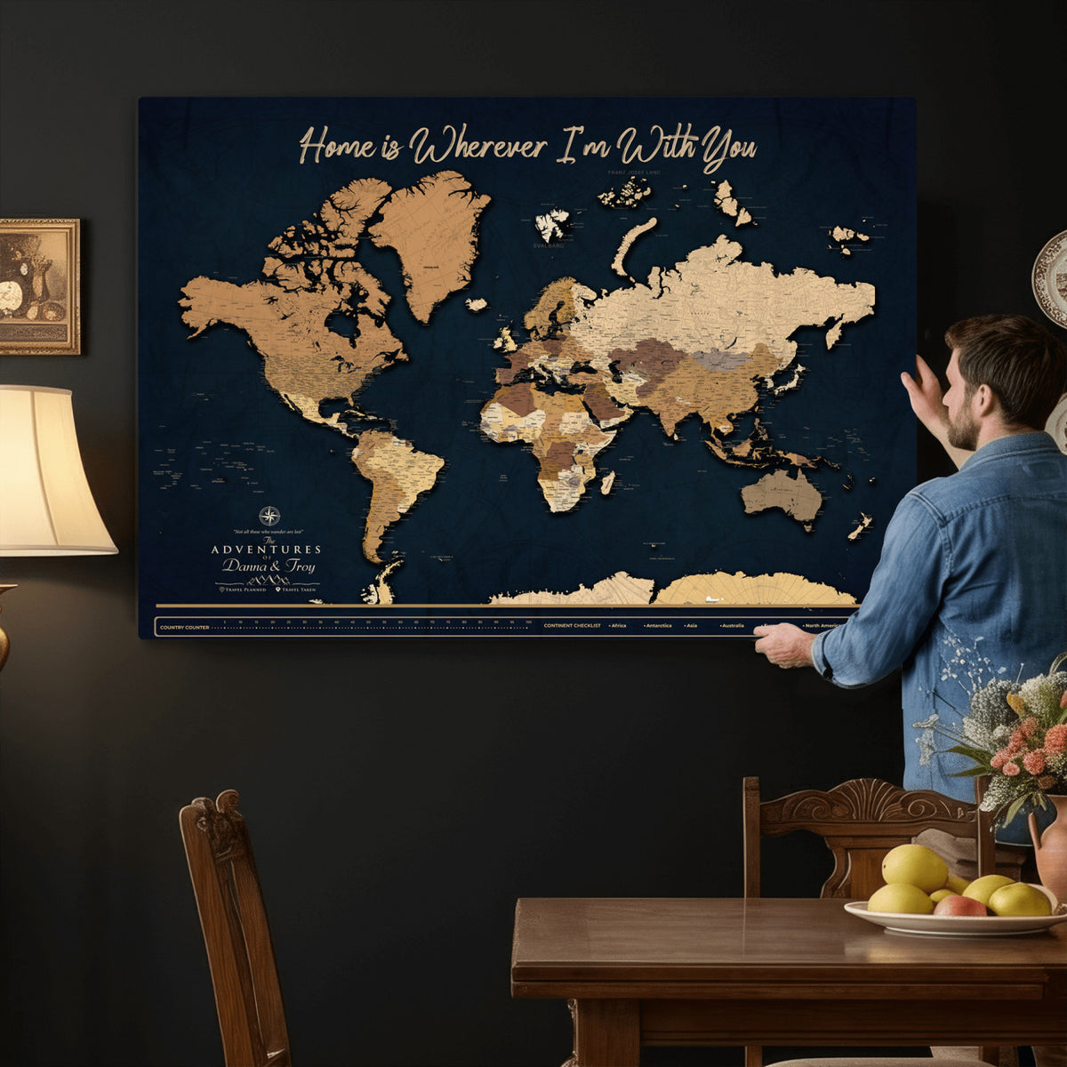 13903533-MGV-CV-36X24 - Extra Large Framed Personalize Push Pin World Map Wall Art Canvas Print for Travel Tracking