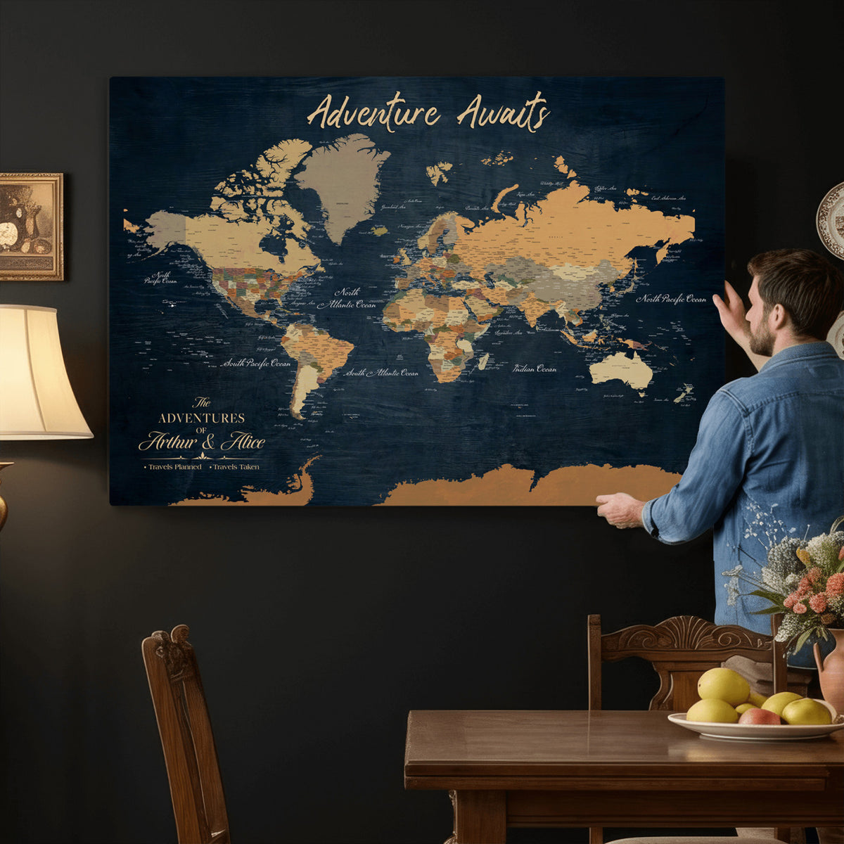 13350960-MGV-CV-36X24 - Extra Large Framed Personalize Push Pin World Map Wall Art Canvas Print for Travel Tracking
