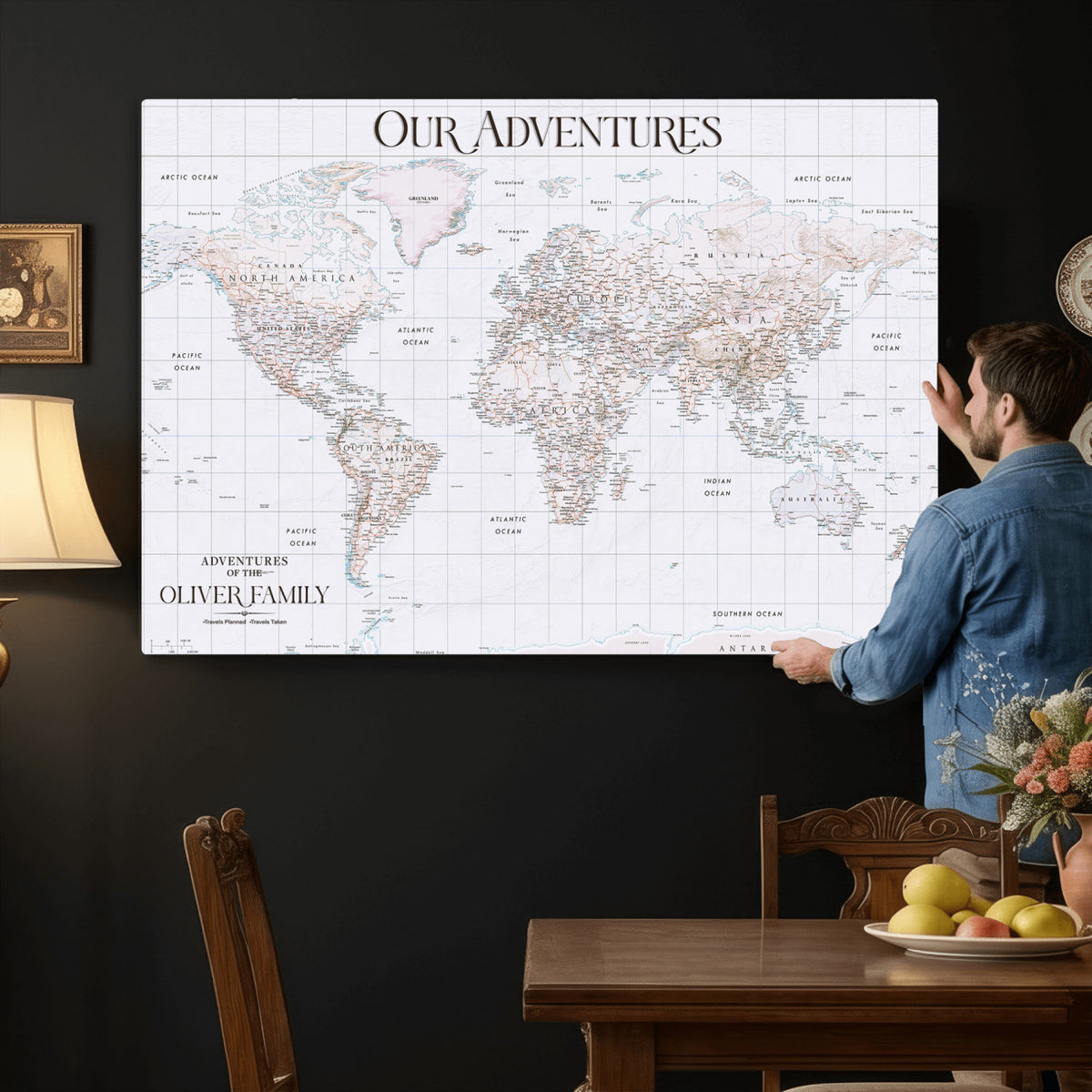 18074626D3DD-MGV-CV-36X24 - Extra Large Framed Personalize Push Pin World Map Wall Art Canvas Print for Travel Tracking NEWMAP - 015