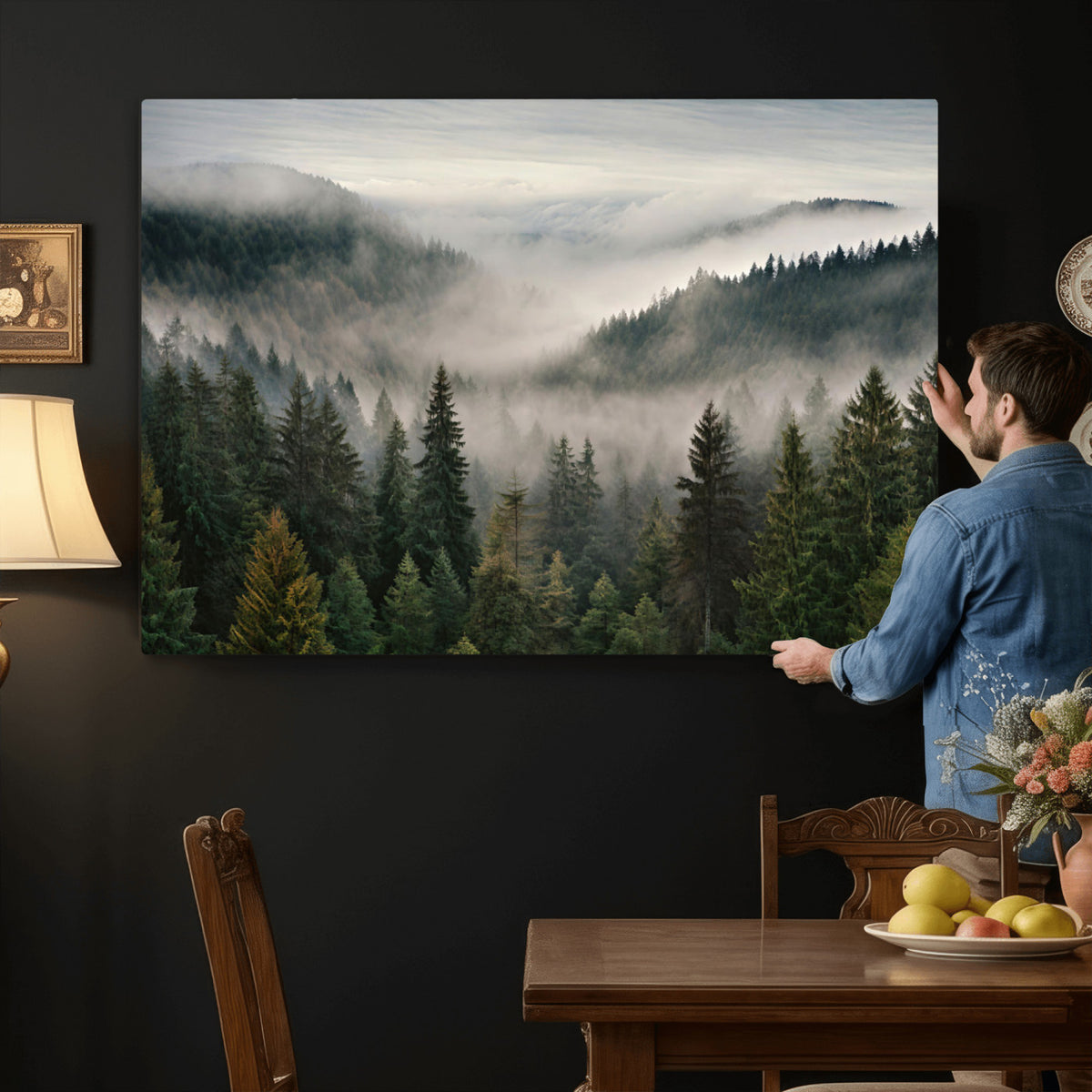38409495-_Poster-30x20 - Misty Pine Valley Mountain Canvas Print 3 Piece Framed Wall Art Extra Large Floating Frame Nature Poster Made in USA