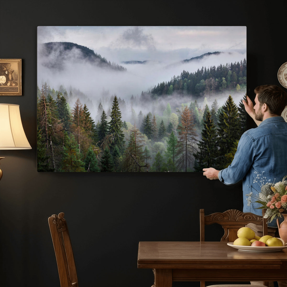 18735847-_Poster-30x20 - Foggy Pine Forest Mountain Canvas Print 3 Piece Framed Wall Art Extra Large Floating Frame Nature Poster Made in USA