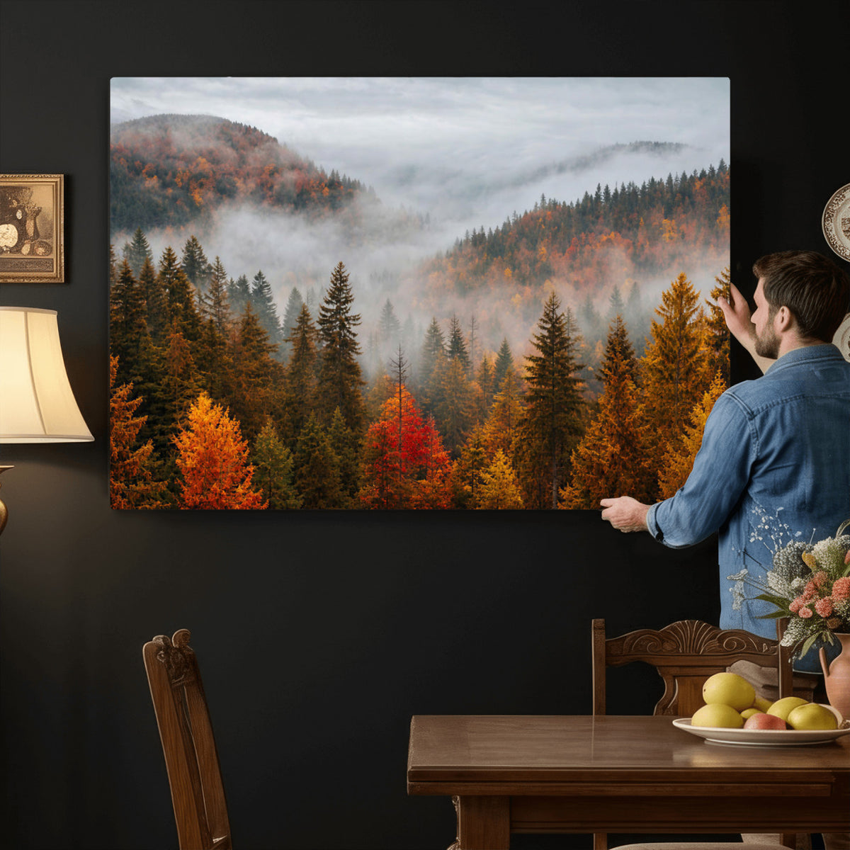 87481341-_Poster-30x20 - Foggy Autumn Mountain Canvas Print Smoky Pine Forest Wall Art Panoramic Nature Poster 3 Piece Made in USA