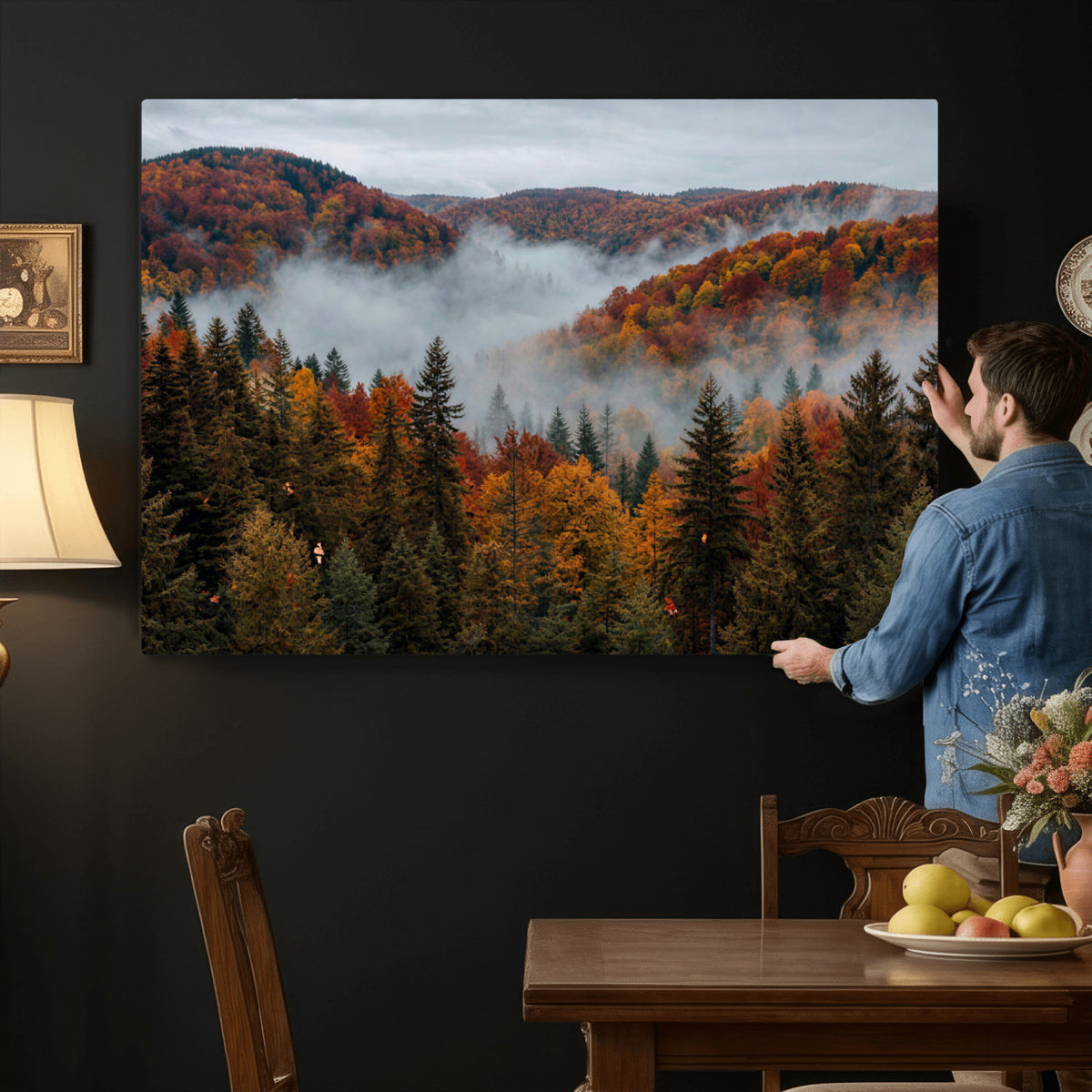 26686263-_Poster-30x20 - Misty Autumn Forest Mountain Canvas Print 3 Panel Wall Art Gallery Wrapped Floating Frame Poster Made in USA