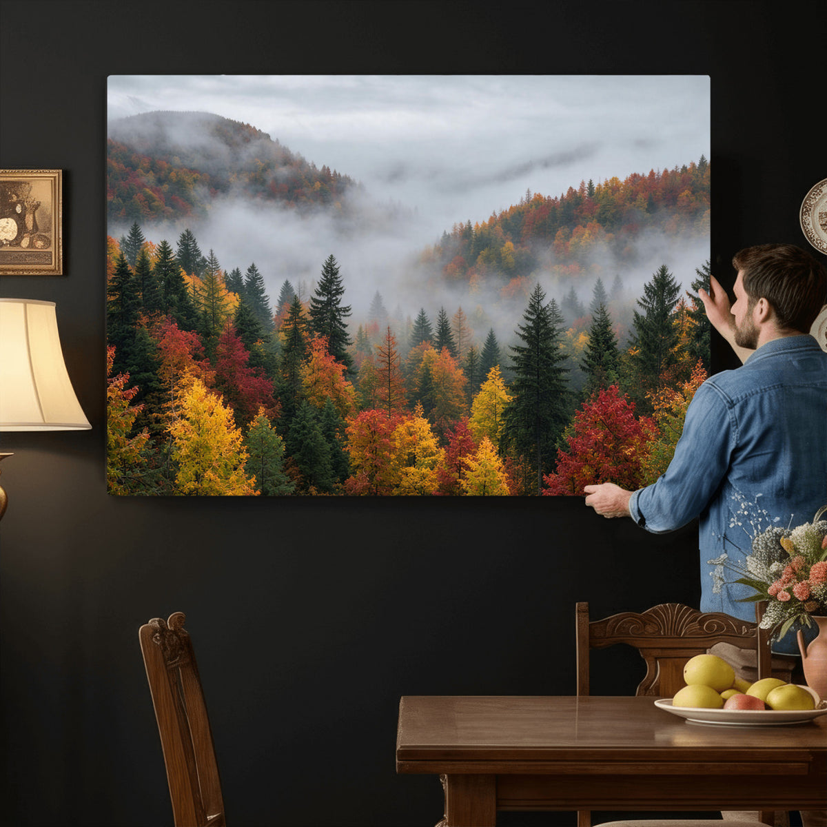 47877083-_Poster-30x20 - Fall Forest Misty Mountain Canvas Print Smoky Mountain Landscape Wall Art Autumn Trees Nature Poster Printing