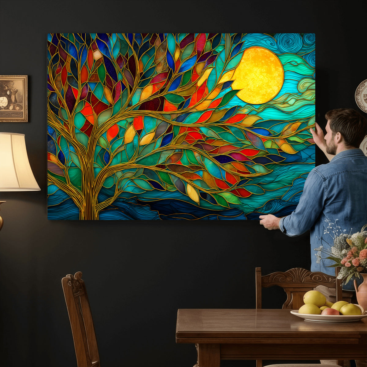 11877152-MGV-CV-36X24 - Stained Glass Tree Of Life Wall Art - Vibrant Mosaic Nature Home Decor