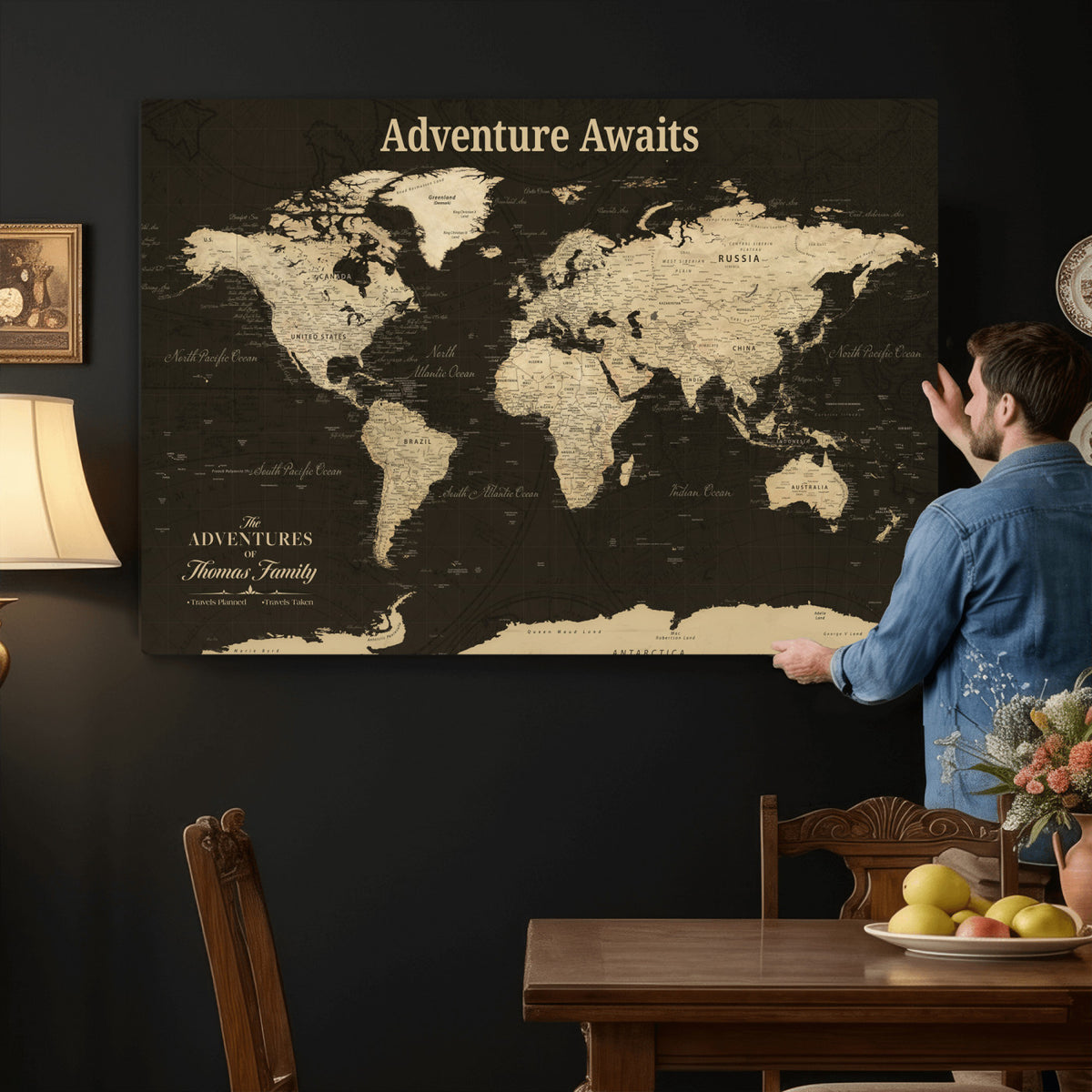 47597338D-MGV-CV-36X24 - Custom Push Pin World Map Wall Art Canvas Print | Personalized Travel Tracker with Pins Framed Large for Home and Office Decor