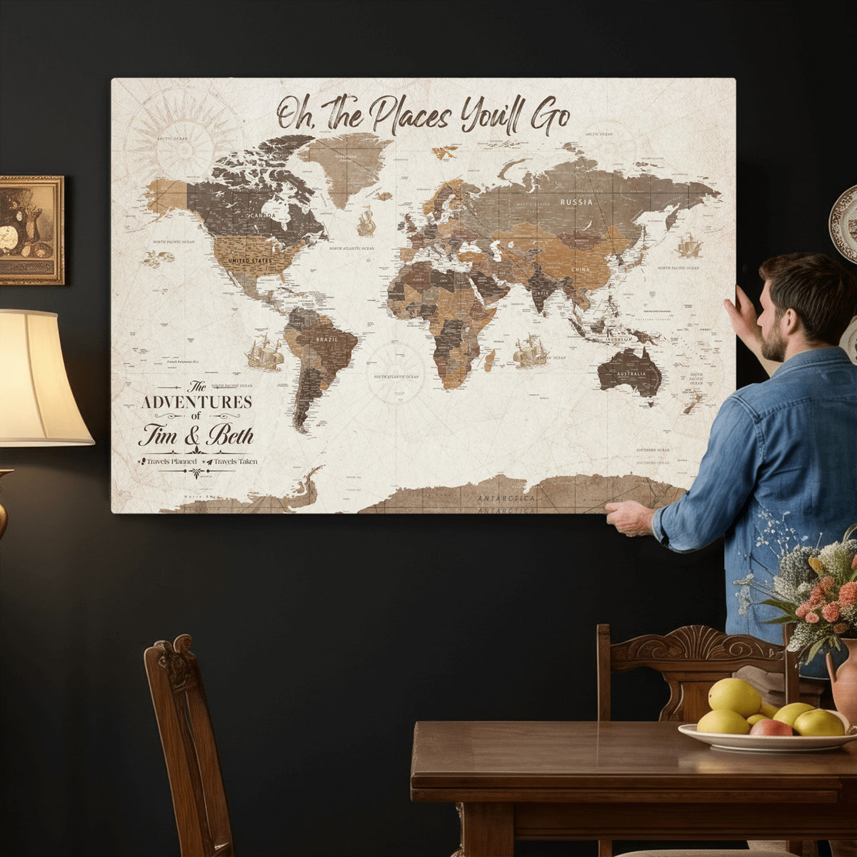 NEWMAP-8D-MGV-CV-36X24 - Custom Push Pin World Map Wall Art Canvas Print | Personalized Travel Tracker with Pins Framed Large for Home and Office Decor - NEWMAP-8