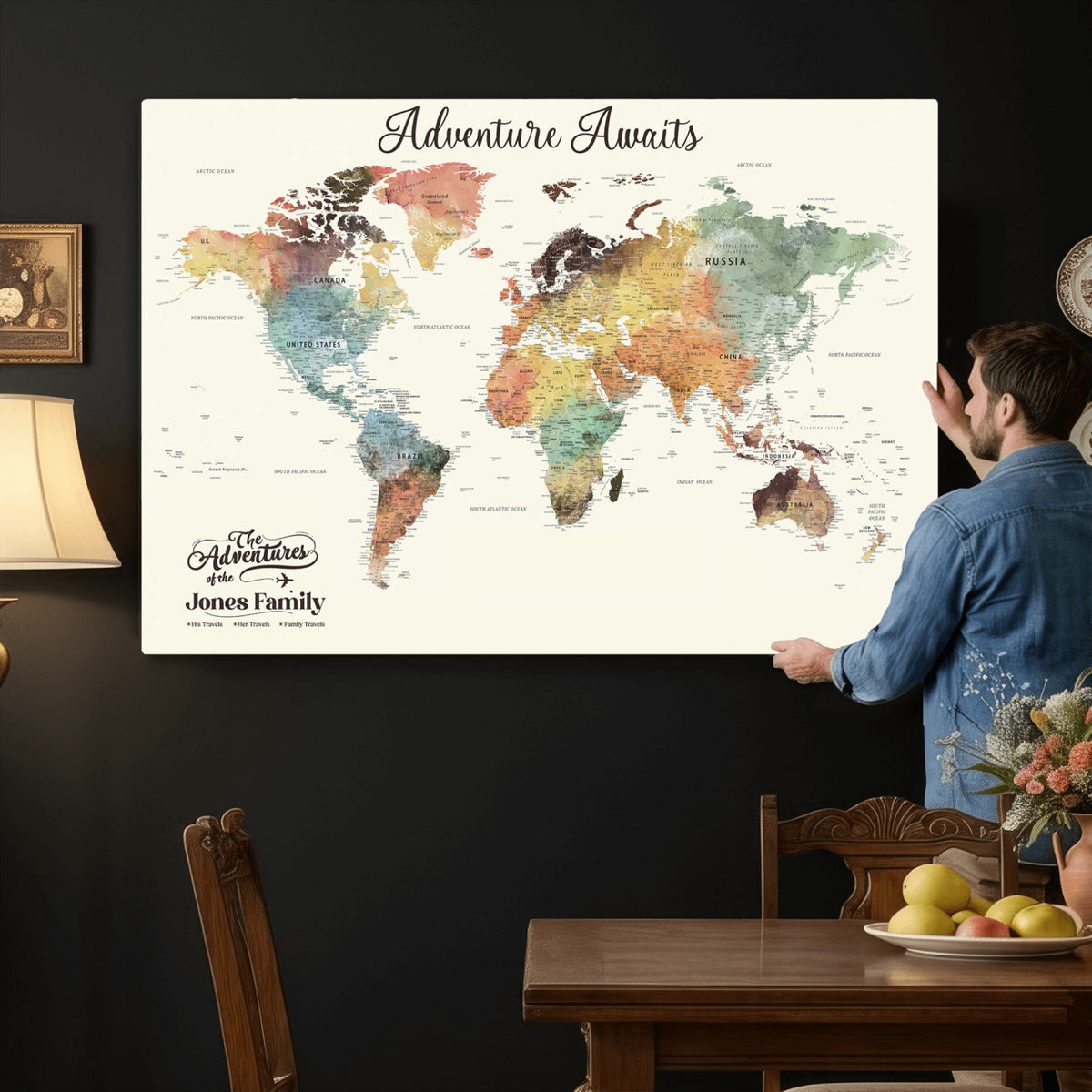 NEWMAP-7D-MGV-CV-36X24 - Custom Push Pin World Map Wall Art Canvas Print | Personalized Travel Tracker - NEWMAP-7