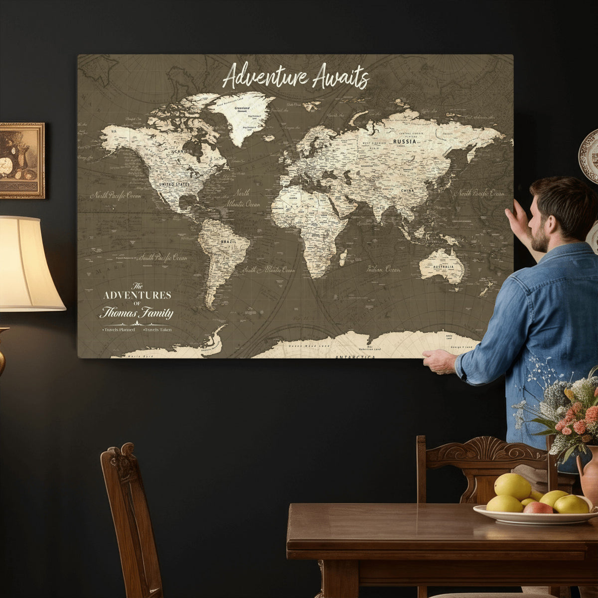 27762875D-MGV-CV-36X24 - Custom Push Pin World Map Wall Art Canvas Print | Personalized Travel Tracker with Pins Framed Large for Home and Office Decor
