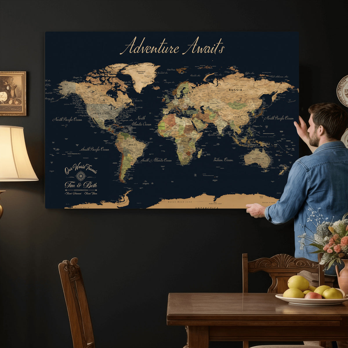 45739634D-MGV-CV-36X24 - Custom Push Pin World Map Wall Art Canvas Print | Personalized Travel Tracker with Pins Framed Large for Home and Office Decor
