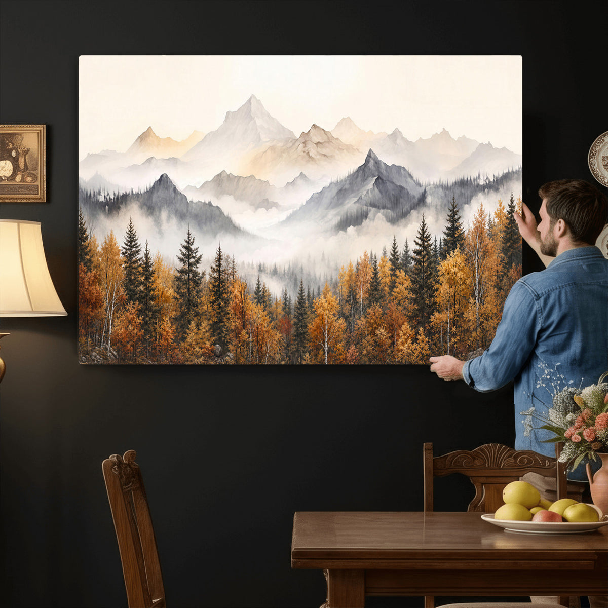 19544118-MGV-TP-30X20 - Misty Mountain Autumn Forest Canvas Wall Art - Watercolor Fall Nature Landscape Print