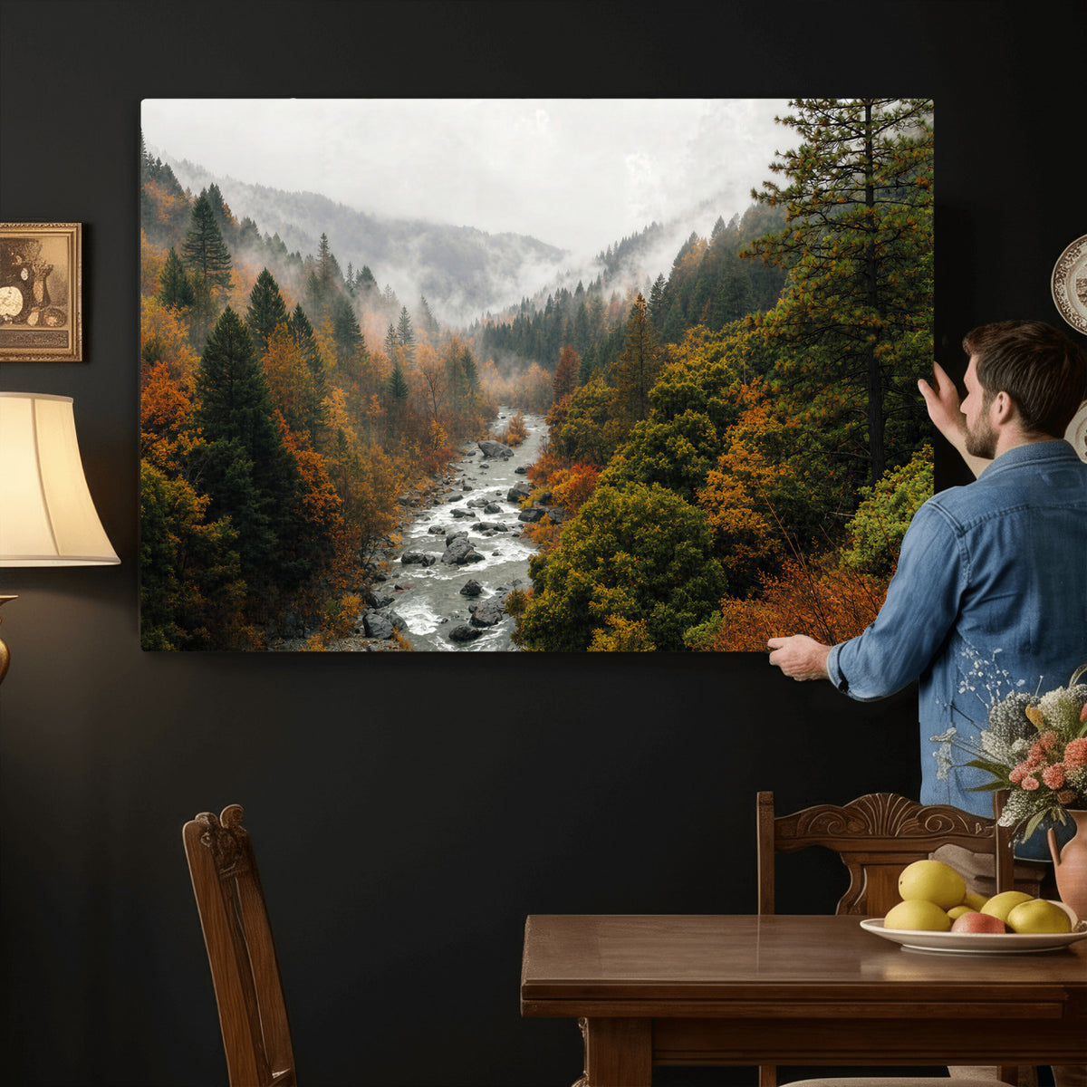 95540697-MGV-TP-30X20 - Misty River Mountain Valley Canvas Wall Art - Autumn Forest Landscape Nature Print