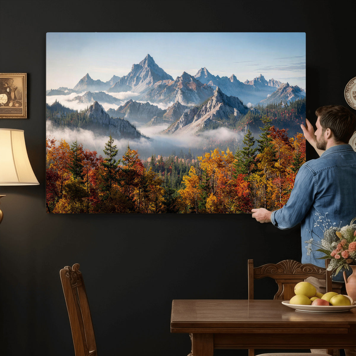 38847944-MGV-TP-30X20 - Majestic Mountain Peak Canvas Wall Art - Panoramic Autumn Forest Fog Landscape Print